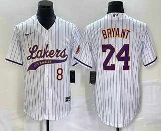 Men%27s Los Angeles Lakers #8 #24 Kobe Bryant White Pinstripe With Patch Cool Base Stitched Baseball Jersey